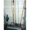 Image 2 : LARGE LOT OF YARD TOOLS, RAKES, ELECTRIC TRIMMER, PICK AXE, LIGHT FIXTURE AND MORE