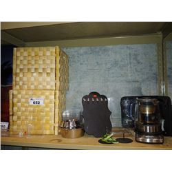 SHELF INCLUDING BREVILLE STEEPING KETTLE, PET DISHES, CARD HOLDERS, PAIR OF WICKER BINS AND MORE