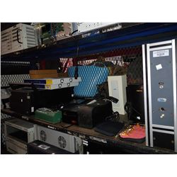 SHELF OF ASSORTED SERVERS, POWER BOXES AND MORE