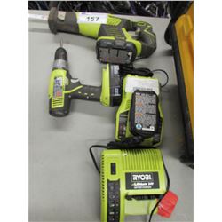 RYOBI 18V LITHIUM DRILL, RYOB 18V LITHIUM SAWZALL, 2 RYOBI CHARGERS & BATTERIES