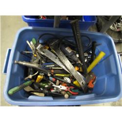 BLUE TOTE OF ASSORTED HAND TOOLS (SCREW DRIVERS, PLYERS, HAMMERS, KNIVES, ROTARY TOOL, PRY BARS,