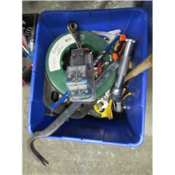 BLUE RECYCLING TOTE OF ASSORTED TOOLS (STANLEY TAPE MEASURE, HAMMERS, PRY BARS, PLYERS, KNIVES,