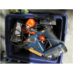 BLUE TOTE OF ASSORTED TOOLS (BLACK & DECKER FIRESTORM 12V DRILL, IKEA DRILL, RYOBI 18V SAWZALL,