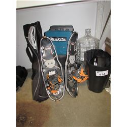 SNOW SHOES, PAPER SHREDDER, GLASS JUG, EMPTY TOOL CASES & MISC