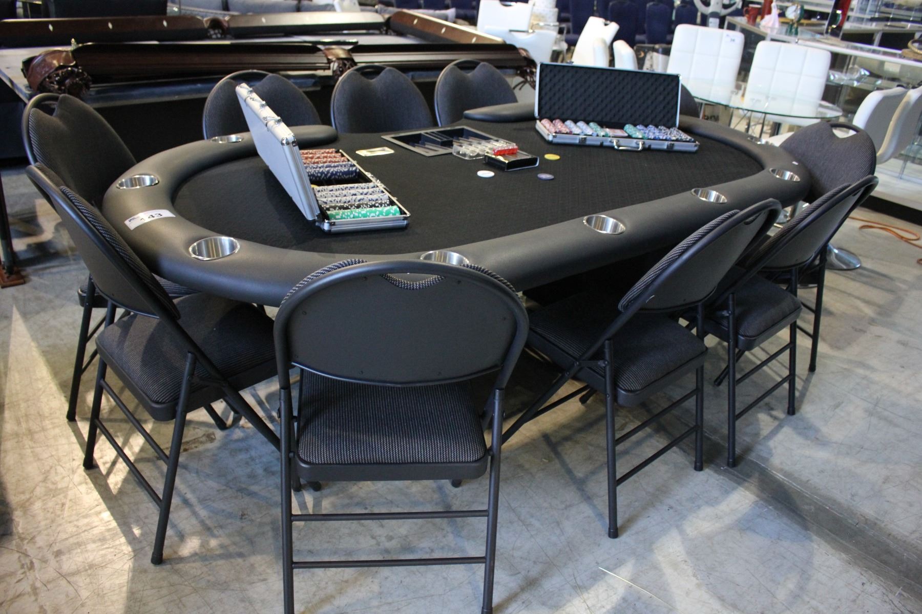 POKER TABLE (GAMES TABLE) WITH 10 FOLDING CHAIRS, PAIR OF POKER CHIP