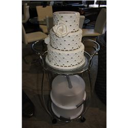 3 TIER WEDDING CAKE MODEL ON 2 TIER ROLLING CART WITH CONTENTS