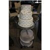 Image 1 : 3 TIER WEDDING CAKE MODEL ON 2 TIER ROLLING CART WITH CONTENTS