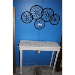 BICYCLE STYLE HALL TABLE AND BLACK METAL BIKE WHEEL WALL ART