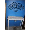 Image 1 : BICYCLE STYLE HALL TABLE AND BLACK METAL BIKE WHEEL WALL ART