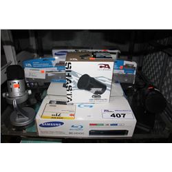 LOT OF ASSORTED MICROPHONES, KEYBOARD AND BLURAY PLAYER