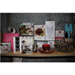 SHELF OF BAKING BOOKS, FOOD DISPLAYS AND MORE