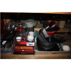 HALF SHELF OF BAKING SUPPLIES, DISHWARE AND MORE