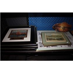 SHELF OF ASSORTED ARTWORK AND 6 WORLD CLOCKS