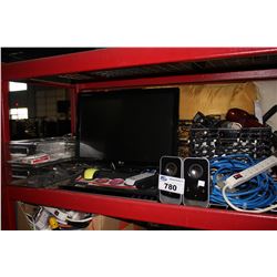 LARGE SHELF OF OFFICE ITEMS INCLUDING LG MONITOR, ROUTER AND MUCH MORE