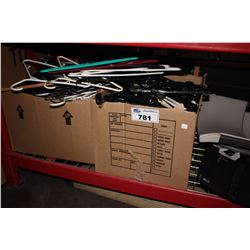 LARGE SHELF OF HOME ITEMS INCLUDING 2 BOXES FILLED WITH HANGERS, FOLDING CHAIRS AND MORE