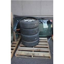 PALLET INCLUDING 4 TIRES, WINDSHIELD AND CAR PART