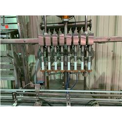 8 BOTTLE STAINLESS STEEL LINE FILLER WITH CONVEYOR SECTION & MOTOR CONTROLS