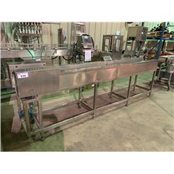 9'10" LONG 8" WIDE STAINLESS STEEL / PLASTIC POWERED FIRST LINE INSPECTION CONVEYOR SYSTEM