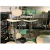 Image 2 : MAPLE BAR HEIGHT 30" ROUND TABLE & 3 WHITE PLASTIC / METAL BAR CHAIRS ( ONE CHAIR MISSING BACK REST