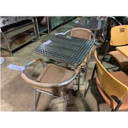 CHROME TOP 24" X 24" SQUARE CAFE TABLE WITH 2 CHROME / PLASTIC RATTAN STACKING ARM CHAIRS