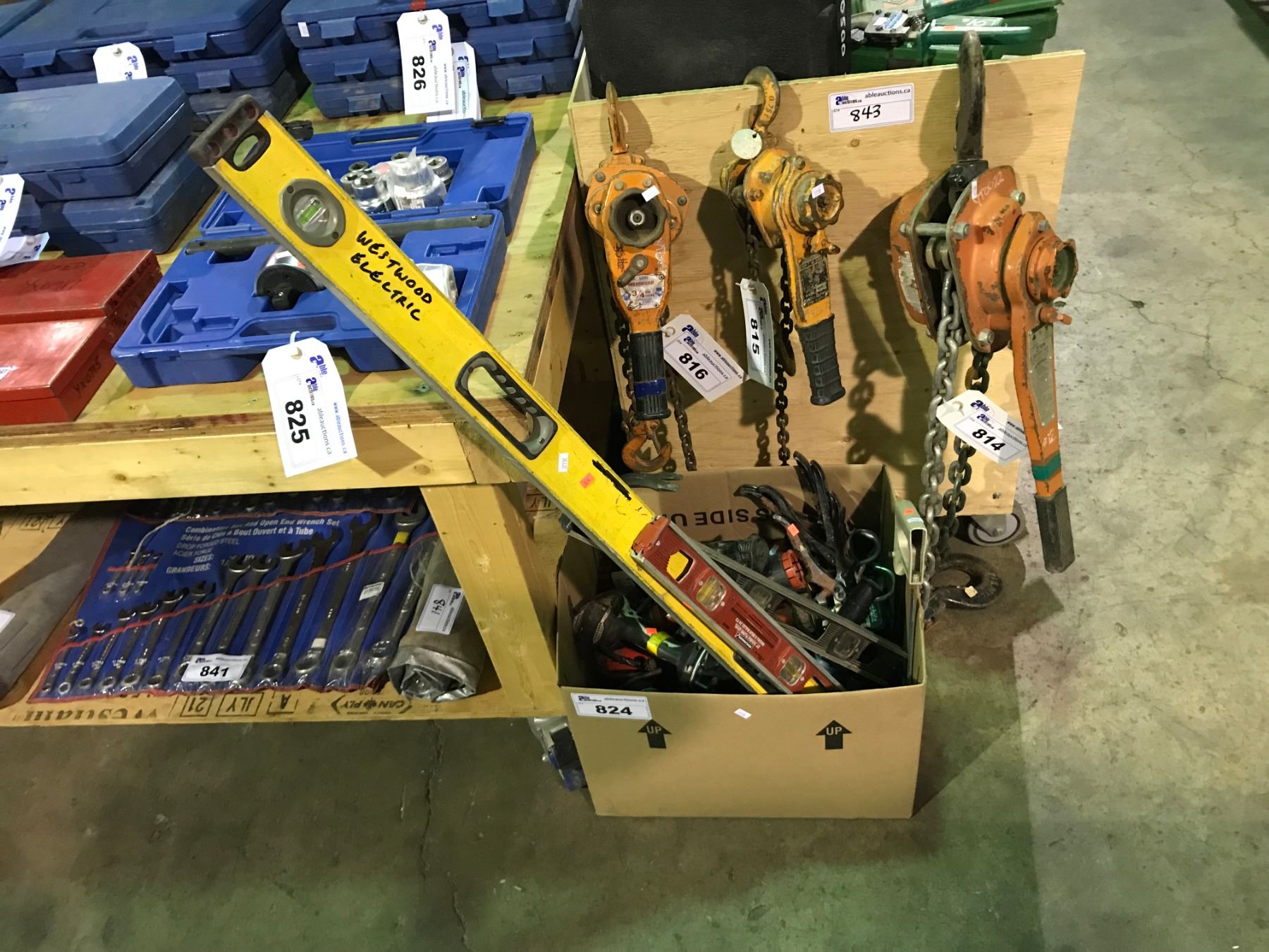 BOX OF ASSORTED POWER TOOLS, LEVELS & HILTI COMPOUND GUNS