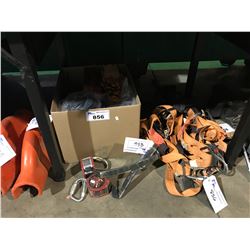 BOX OF ASSORTED SAFETY GEAR, HARNESSES & 2 MILLER SCORPION RETRACTABLE HARNESS