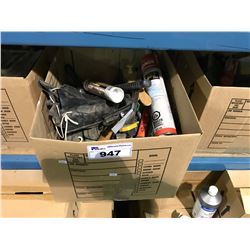 BOX OF ASSORTED WOODWORKING TOOLS & PRODUCT