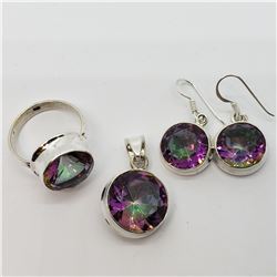 SILVER MYSTIC TOPAZ EARRING, RING AND PENDANT SET