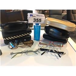 4 PRESCRIPTION GLASSES WITH 6 CASES AND JEWELRY CLEANER