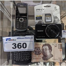 SONY DIGITAL CAMERA WITH 8 GB MEMORY CHIP, 500 MEXICAN PESOS AND PAIR OF CELLPHONES