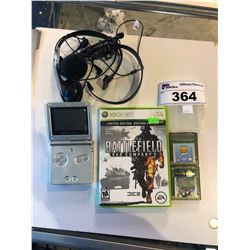 GAMEBOY ADVANCE SP WITH PAIR OF GAMES, BATTLEFIELD (FOR XBOX360) AND HEADSET