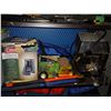 Image 2 : SHELF OF CAMPING GEAR INCLUDING PAIR OF COOLERS, AXES, SAWS, STOVE, COFFEE MAKER AND MORE