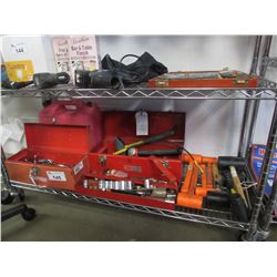 GAS CAN, MALLETS, TOOL BOXES & CONTENTS(WRENCHES, SOCKET SETS, HAMMERS, SCREW DRIVERS, ETC)