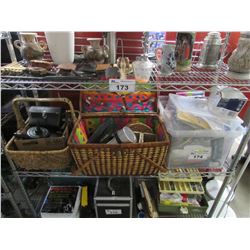 LOT OF ASSORTED BASKETS, ORGANIZERS & CONTENTS (AIR PUMP, SANITIZER, KITCHENWARE, GLOVES, MISC)