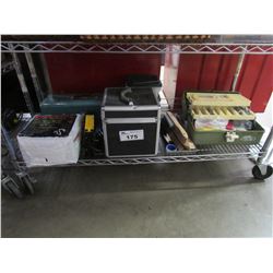 TACKLE BOX & CONTENTS, STEEL BRUSHES, CONTAINERS, TOOL BOX, FRABILL SUPER GRO WORM BEDDING, ETC