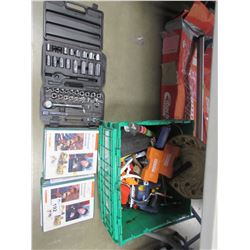 GREEN TOTE WITH ASSORTED TOOLS & MISC (RIDGID DRILL BITS, LOCKSMITH BOOKS, KNIFE BLADES, PLYERS,