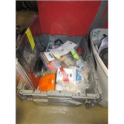 BOX OF ASSORTED HARDWARE, TOOL PARTS, ETC (SCREWS, RATCHET WRENCH ADAPTOR SET, O-RINGS, BAGS, LIGHT