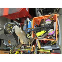 4 CRATES OF ASSORTED TOOLS & MISC (AUTOMOTIVE PARTS, TOW LIGHTS, EXTENSION CORDS, WHEEL CHUCKS,