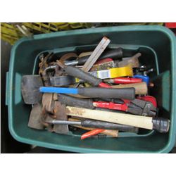 GREEN TOTE OF ASSORTED HAND TOOLS & MISC (CUTTERS, HAMMERS, MALLETS, PRY BARS, DRILL BITS, ETC)