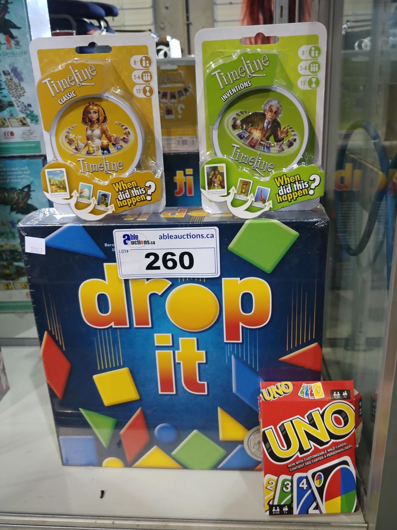 DROP IT BOARD GAME, 2 TIMELINE GAME SETS AND UNO