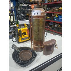 RELIABLE COPPER FIRE EXTINGUISHER, 4 CAST IRON PANS AND BINOCULARS