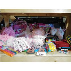 LOT OF ASSORTED TOYS INCLUDING DOLLS, SOCKS, CHALK, TOY STROLLER, BACKPACK, BUBBLES AND MUCH MORE