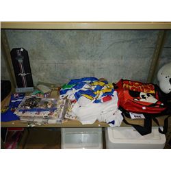 SHELF OF COLLECTIBLES INCLUDING SPORTS CARDS, FLAGS, MICKEY MOUSE BAG AND MORE