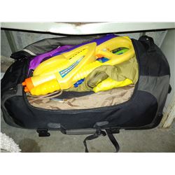 STACK OF PLASTIC BINS, DUFFEL BAG WITH CONTENTS AND SAFETY GATE