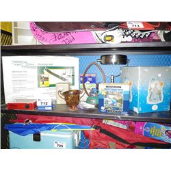 SHELF OF HOME DECOR AND GOLF ITEMS