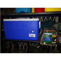 SHELF OF CAMPING GEAR INCLUDING COLEMAN COOLER, SLEEPING BAGS AND MORE
