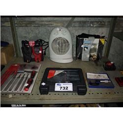 SHELF OF TOOLS INCLUDING CHARGER, BIT SET, FILE SET AND MORE