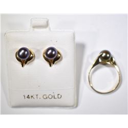 14KT GOLD BLACK PEARL EARRINGS & MATCHING RING