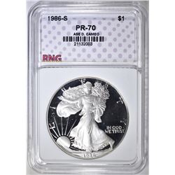 1986-S SILVER EAGLE, RNG PERFECT GEM PR DCAM