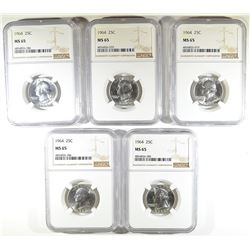 ( 5 ) 1964 WASHINGTON QTR NGC MS-65